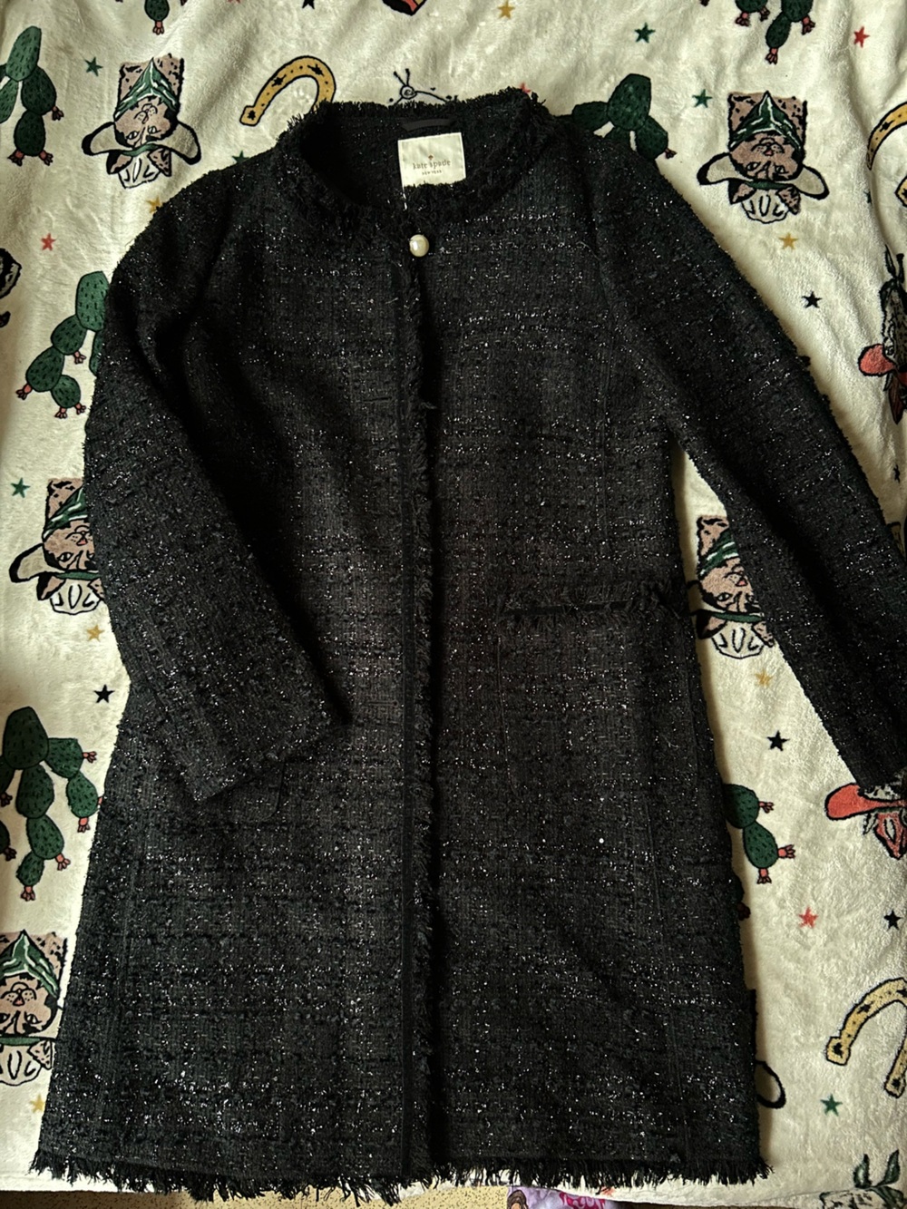 kate spade black tweed jacket with gold logo label